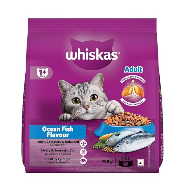 Whiskas Adult (1+ Years) Dry Cat Food, Ocean Fish Flavour, 480 g, Contains 41 Essential Nutrients, Complete & Balanced Nutrition for Adult Cats