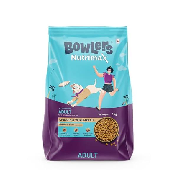 Bowlers Nutrimax Adult Dry Dog Food | Chicken & Vegetables | 3 kg Protein | Smooth Digestion & Healthy Coat | Complete & Balanced Nutrition