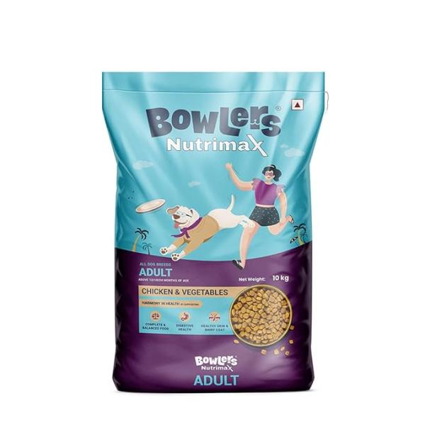 Bowlers Nutrimax Adult Dry Dog Food | Chicken & Vegetables | 10 kg Protein | Smooth Digestion & Healthy Coat Complete & Balanced Nutrition