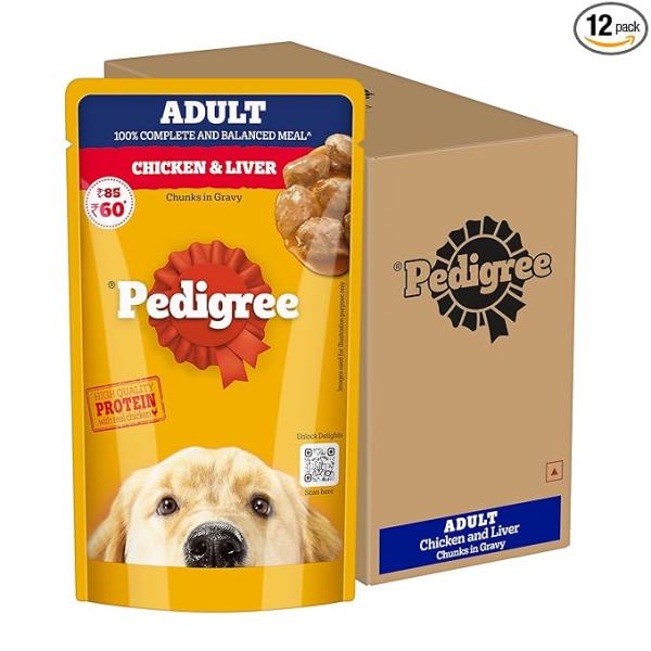 Pedigree Adult Wet Dog Food, Chicken & Liver Chunks in Gravy, 130 g (Pack of 12), Complete & Balanced Meal for Adult Dogs