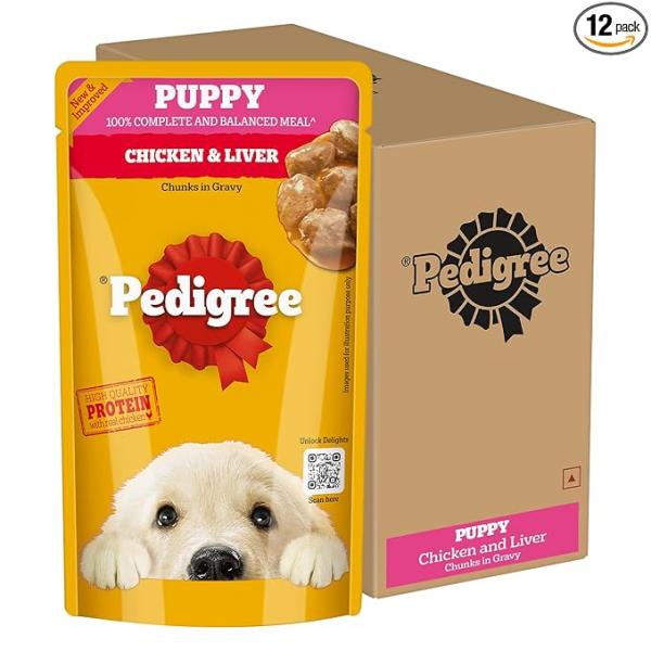 Pedigree Puppy Wet Dog Food, Chicken Chunks in Gravy, 130 g (Pack of 12), Complete & Balanced Meal for Puppies