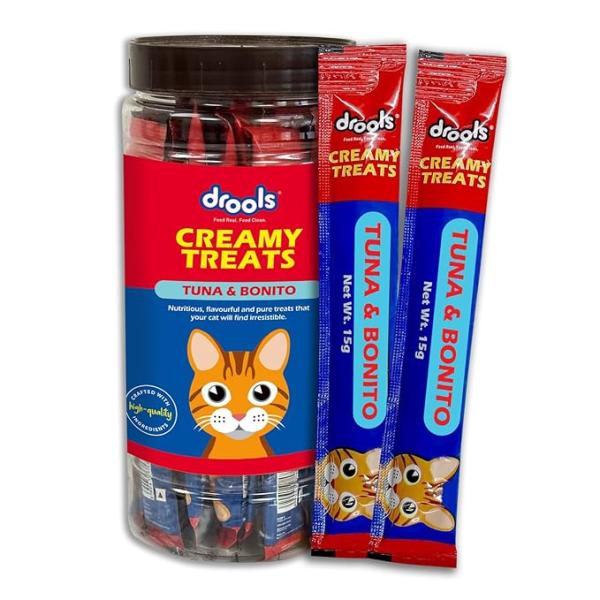 Drools All Life Stages Creamy Lickable Cat Treats 25 Pieces, Pack Total 375g | Tuna & Bonito Flavour | Taurine for Heart and Vision Health