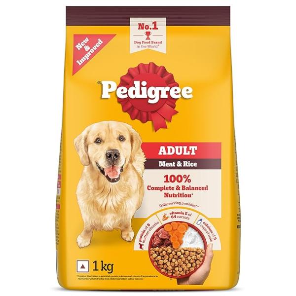 Pedigree Adult Dry Dog Food, Meat & Rice, 1 kg, Contains 37 Essential Nutrients, 100% Complete & Balanced Food for Adult Dogs