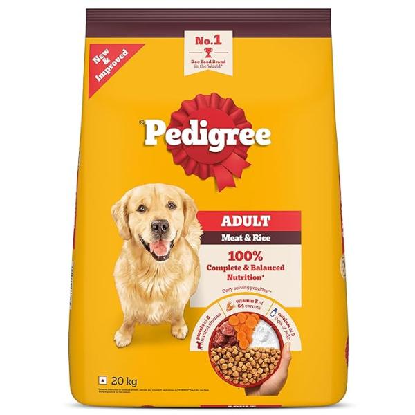 Pedigree Adult Dry Dog Food, Meat & Rice, 20 kg, Contains 37 Essential Nutrients, 100% Complete & Balanced Food for Adult Dogs