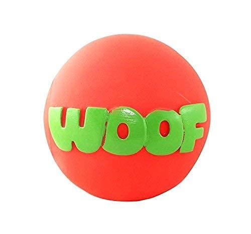 Woof Squeaky Rubber Dog Ball – Durable Interactive Fetch Toy (Multicolor)
