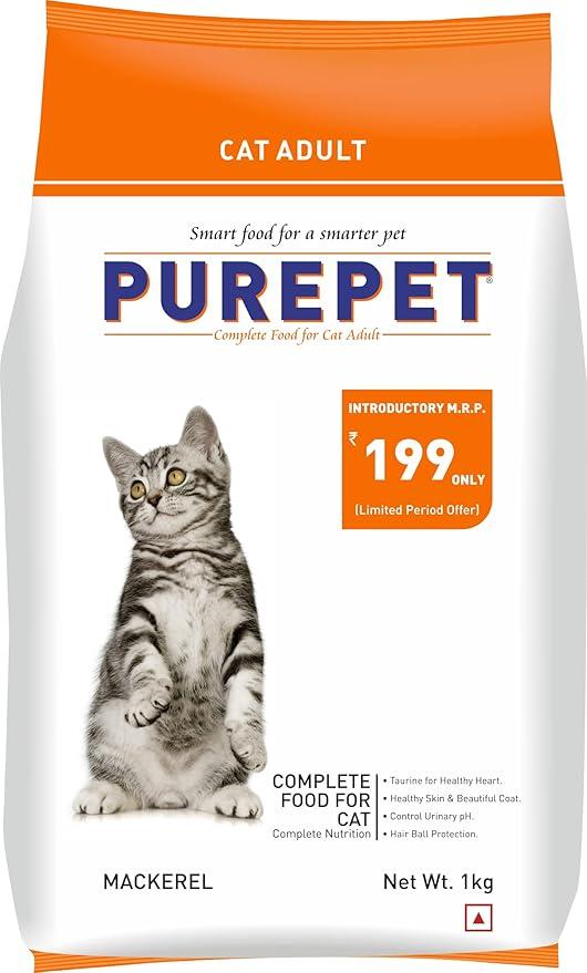 Purepet Adult Dry Cat Food 1 kg Pack | Mackerel Flavour | Hair Ball Protection | Heart Care | Skin Health | Taurine for Healthy Heart