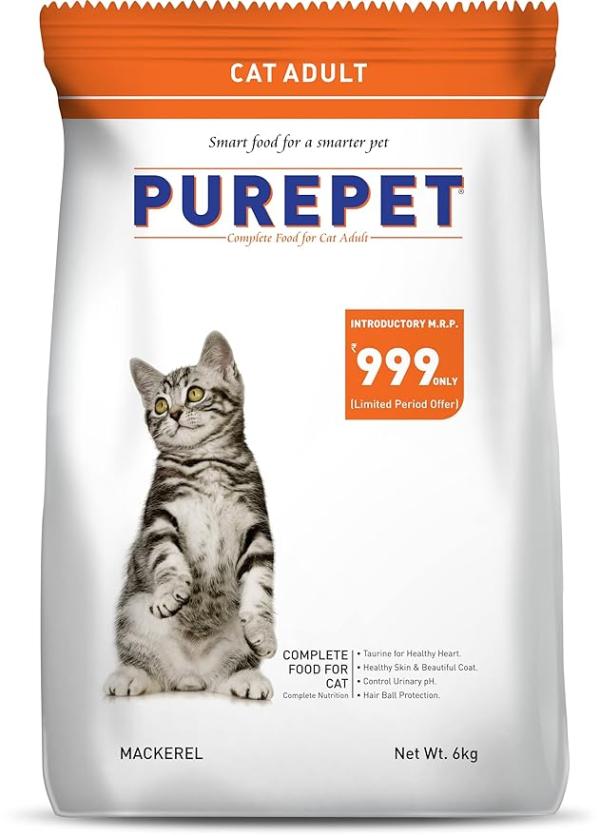 Purepet Adult Dry Cat Food 6kg | Mackerel Flavour | Taurine for Healthy Heart | Healthy Skin & Beautiful Coat | Control Urinary pH | Hair Ball Protect