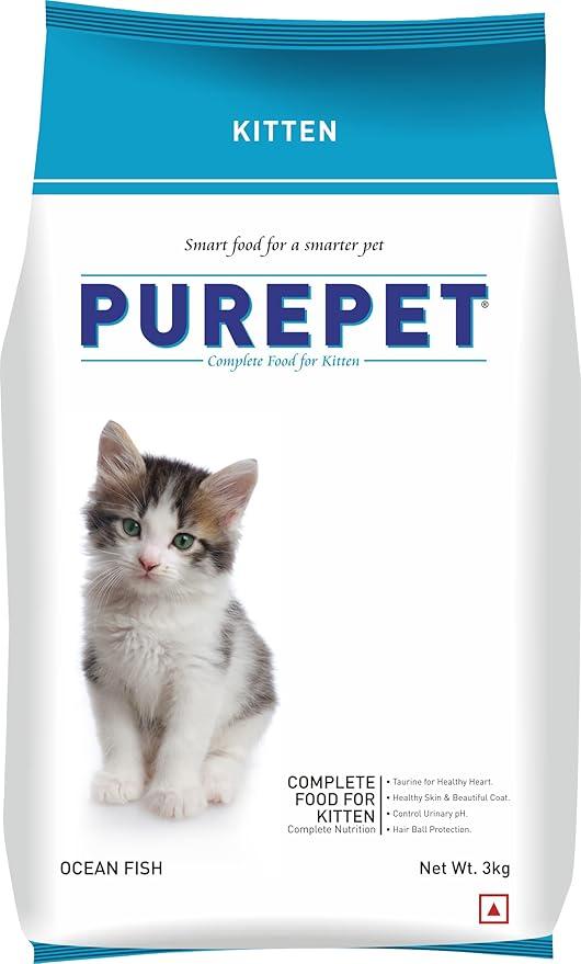 Purepet Kitten (1-12 Months) Dry Cat Food 3kg Pack | Ocean Fish Flavour | Taurine for Healthy Heart | Hairball Control |Support Immunity