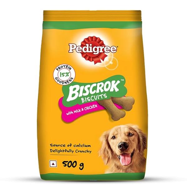 Pedigree Biscrok Biscuits (Above 4 Months) Dog Treats, Chicken with Milk Flavour, 500 g, Source of Calcium, Goodness of 15% Protein
