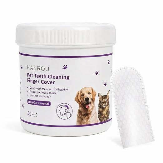 50pcs Pet Teeth Cleaning Finger Wipes | Dog Cat Dental Cleaning Pads | Plaque Tartar Remover | Finger Toothbrush Wipes for Fresh Breath & Healthy Gums