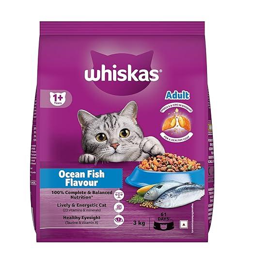 Whiskas Adult (1+ Years) Dry Cat Food, Ocean Fish Flavour, 3 kg, Contains 41 Essential Nutrients, Complete & Balanced Nutrition for Adult Cats